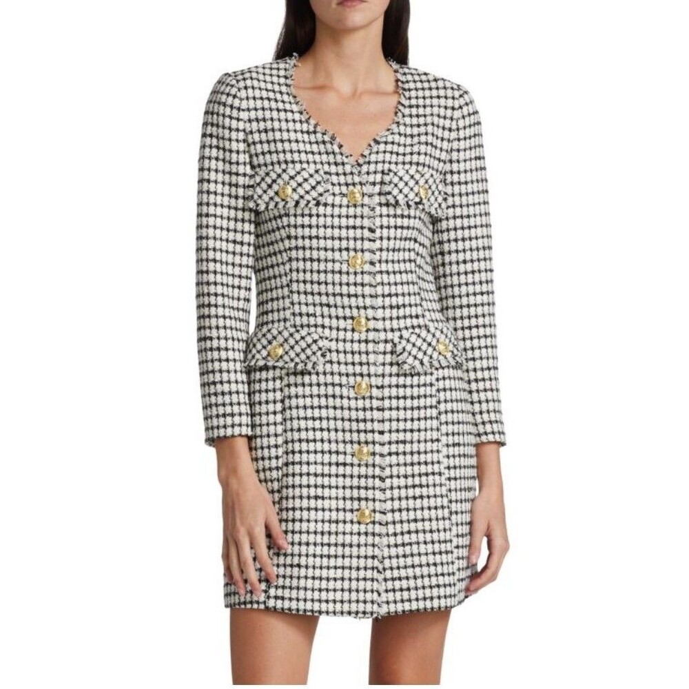 Derek Lam 10 Crosby Constance Frayed Jacket Dress Womens 20 Check Cream BlackNEW